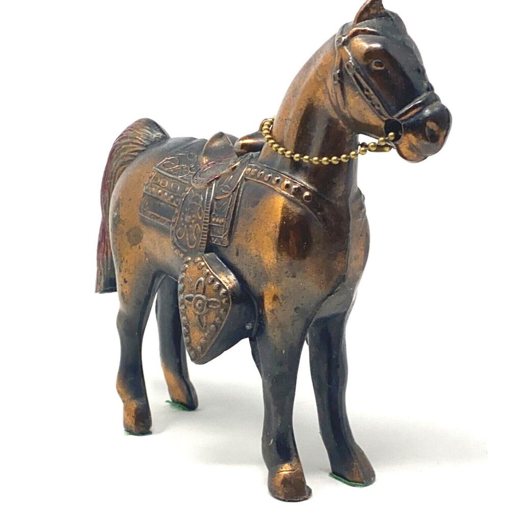 VTG Brass Finish Horse Figurine 7 1/4" Cast Metal Hollow Western Saddle Rancher